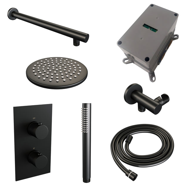BRAUER Black Carving thermostatische inbouw regendouche 3-weg omstelling SET 25 met 20 cm douchekop en rechte muurarm en staaf handdouche en doucheslang en wandaansluitbocht mat zwart 5-S-121