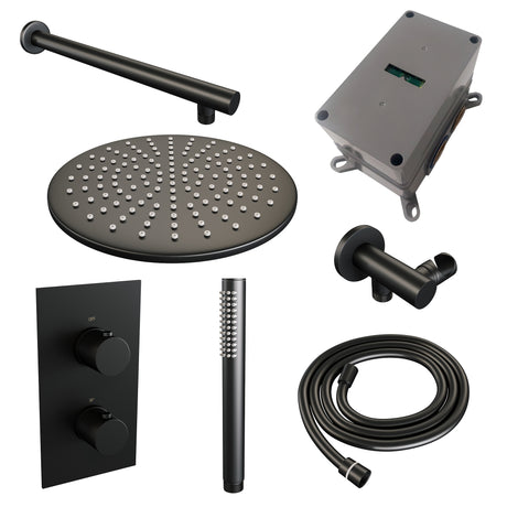 BRAUER Black Carving thermostatische inbouw regendouche 3-weg omstelling SET 26 met 30 cm douchekop en rechte muurarm en staaf handdouche en doucheslang en wandaansluitbocht mat zwart 5-S-122