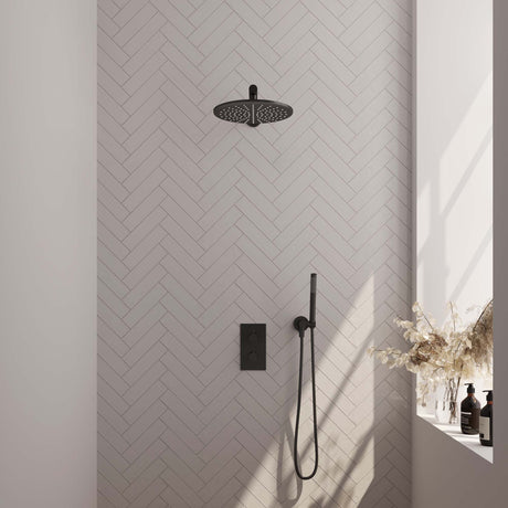 BRAUER Black Carving thermostatische inbouw regendouche 3-weg omstelling SET 26 met 30 cm douchekop en rechte muurarm en staaf handdouche en doucheslang en wandaansluitbocht mat zwart 5-S-122