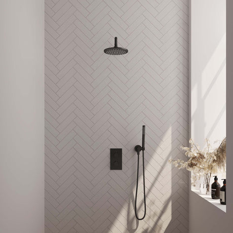 BRAUER Black Carving thermostatische inbouw regendouche 3-weg omstelling SET 27 met 20 cm douchekop en gebogen muurarm en staaf handdouche en doucheslang en wandaansluitbocht mat zwart 5-S-123