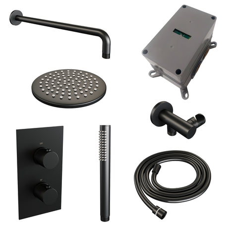 BRAUER Black Carving thermostatische inbouw regendouche 3-weg omstelling SET 27 met 20 cm douchekop en gebogen muurarm en staaf handdouche en doucheslang en wandaansluitbocht mat zwart 5-S-123