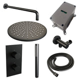 BRAUER Black Carving thermostatische inbouw regendouche 3-weg omstelling SET 28 met 30 cm douchekop en gebogen muurarm en staaf handdouche en doucheslang en wandaansluitbocht mat zwart 5-S-124