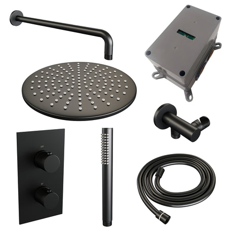BRAUER Black Carving thermostatische inbouw regendouche 3-weg omstelling SET 28 met 30 cm douchekop en gebogen muurarm en staaf handdouche en doucheslang en wandaansluitbocht mat zwart 5-S-124