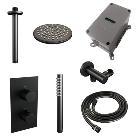 BRAUER Black Carving thermostatische inbouw regendouche 3-weg omstelling SET 29 met 20 cm douchekop en plafondarm en staaf handdouche en doucheslang en wandaansluitbocht mat zwart 5-S-125