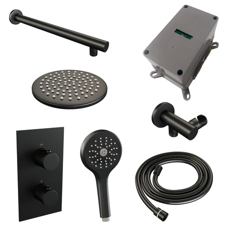 BRAUER Black Carving thermostatische inbouw regendouche 3-weg omstelling SET 31 met 20 cm douchekop en rechte muurarm en 3-standen handdouche en doucheslang en wandaansluitbocht mat zwart 5-S-127
