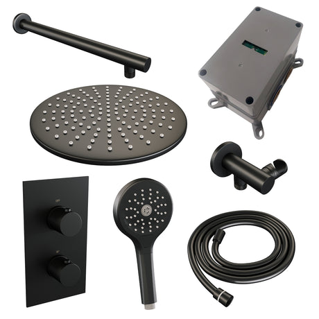 BRAUER Black Carving thermostatische inbouw regendouche 3-weg omstelling SET 32 met 30 cm douchekop en rechte muurarm en 3-standen handdouche en doucheslang en wandaansluitbocht mat zwart 5-S-128