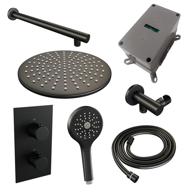 BRAUER Black Carving thermostatische inbouw regendouche 3-weg omstelling SET 32 met 30 cm douchekop en rechte muurarm en 3-standen handdouche en doucheslang en wandaansluitbocht mat zwart 5-S-128