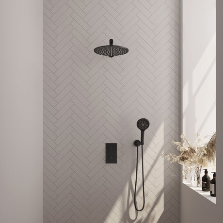 BRAUER Black Carving thermostatische inbouw regendouche 3-weg omstelling SET 32 met 30 cm douchekop en rechte muurarm en 3-standen handdouche en doucheslang en wandaansluitbocht mat zwart 5-S-128