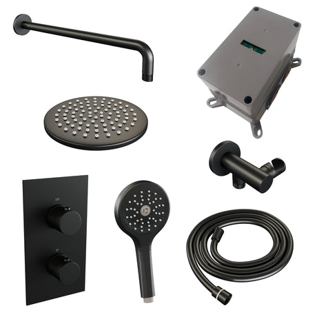 BRAUER Black Carving thermostatische inbouw regendouche 3-weg omstelling SET 33 met 20 cm douchekop en gebogen muurarm en 3-standen handdouche en doucheslang en wandaansluitbocht mat zwart 5-S-129