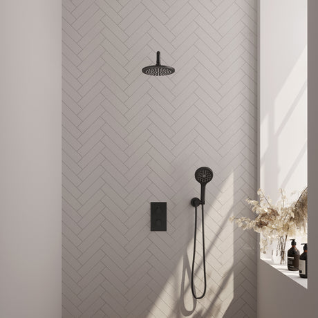 BRAUER Black Carving thermostatische inbouw regendouche 3-weg omstelling SET 33 met 20 cm douchekop en gebogen muurarm en 3-standen handdouche en doucheslang en wandaansluitbocht mat zwart 5-S-129