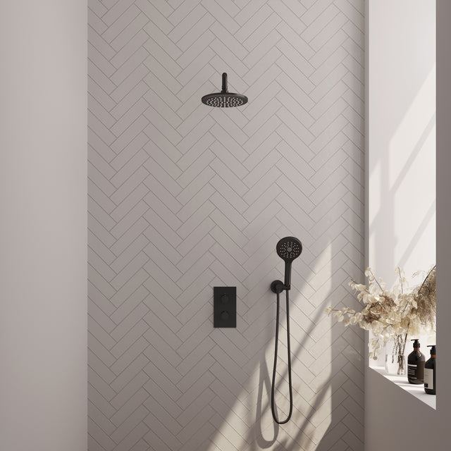 BRAUER Black Carving thermostatische inbouw regendouche 3-weg omstelling SET 33 met 20 cm douchekop en gebogen muurarm en 3-standen handdouche en doucheslang en wandaansluitbocht mat zwart 5-S-129