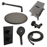 BRAUER Black Carving thermostatische inbouw regendouche 3-weg omstelling SET 34 met 30 cm douchekop en gebogen muurarm en 3-standen handdouche en doucheslang en wandaansluitbocht mat zwart 5-S-130