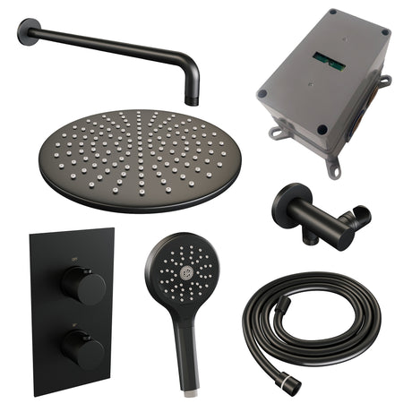 BRAUER Black Carving thermostatische inbouw regendouche 3-weg omstelling SET 34 met 30 cm douchekop en gebogen muurarm en 3-standen handdouche en doucheslang en wandaansluitbocht mat zwart 5-S-130