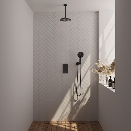 BRAUER Black Carving thermostatische inbouw regendouche 3-weg omstelling SET 35 met 20 cm douchekop en plafondarm en 3-standen handdouche en doucheslang en wandaansluitbocht mat zwart 5-S-131