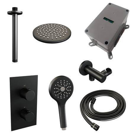 BRAUER Black Carving thermostatische inbouw regendouche 3-weg omstelling SET 35 met 20 cm douchekop en plafondarm en 3-standen handdouche en doucheslang en wandaansluitbocht mat zwart 5-S-131