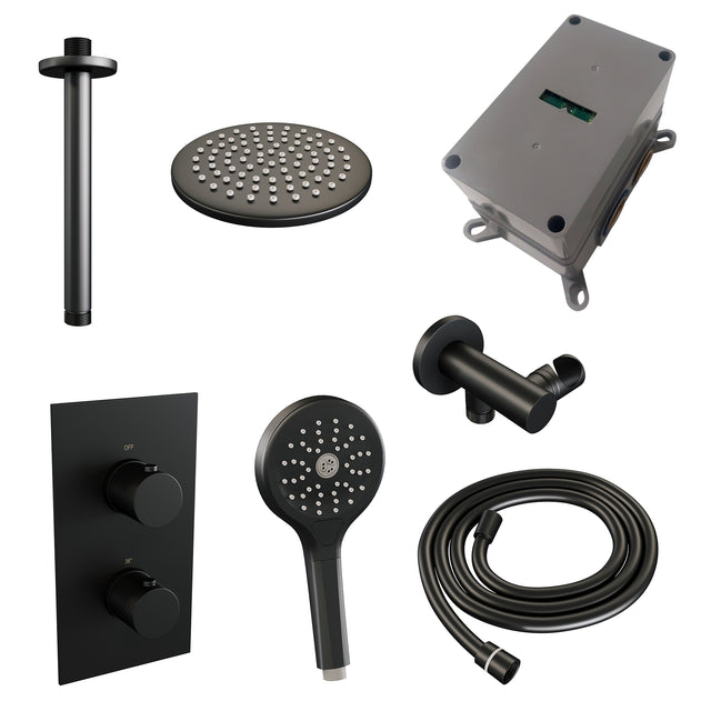 BRAUER Black Carving thermostatische inbouw regendouche 3-weg omstelling SET 35 met 20 cm douchekop en plafondarm en 3-standen handdouche en doucheslang en wandaansluitbocht mat zwart 5-S-131