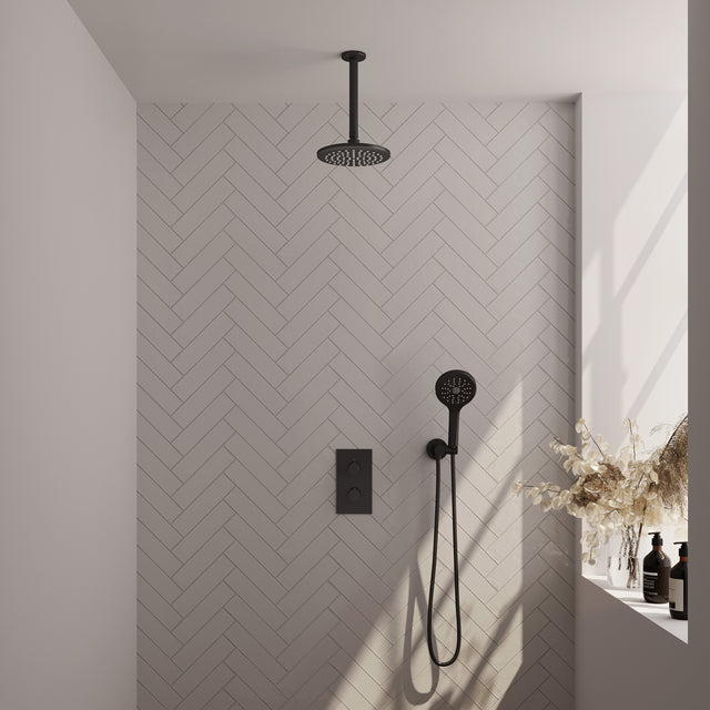 BRAUER Black Carving thermostatische inbouw regendouche 3-weg omstelling SET 35 met 20 cm douchekop en plafondarm en 3-standen handdouche en doucheslang en wandaansluitbocht mat zwart 5-S-131