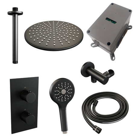 BRAUER Black Carving thermostatische inbouw regendouche 3-weg omstelling SET 36 met 30 cm douchekop en plafondarm en 3-standen handdouche en doucheslang en wandaansluitbocht mat zwart 5-S-132