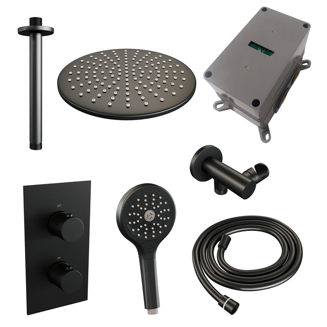 BRAUER Black Carving thermostatische inbouw regendouche 3-weg omstelling SET 36 met 30 cm douchekop en plafondarm en 3-standen handdouche en doucheslang en wandaansluitbocht mat zwart 5-S-132