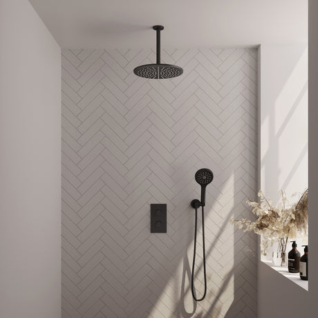 BRAUER Black Carving thermostatische inbouw regendouche 3-weg omstelling SET 36 met 30 cm douchekop en plafondarm en 3-standen handdouche en doucheslang en wandaansluitbocht mat zwart 5-S-132