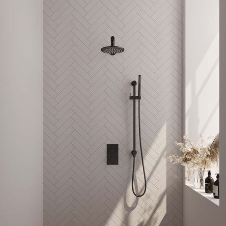 BRAUER Black Carving thermostatische inbouw regendouche 3-weg omstelling SET 37 met 20 cm douchekop en rechte muurarm en staaf handdouche en doucheslang en geÃ¯ntegreerde glijstang mat zwart 5-S-133