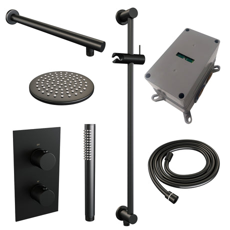 BRAUER Black Carving thermostatische inbouw regendouche 3-weg omstelling SET 37 met 20 cm douchekop en rechte muurarm en staaf handdouche en doucheslang en geÃ¯ntegreerde glijstang mat zwart 5-S-133