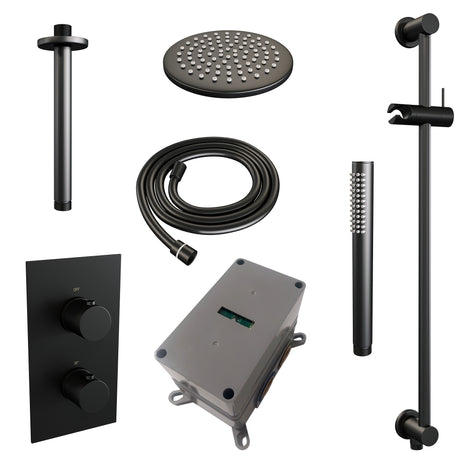 BRAUER Black Carving thermostatische inbouw regendouche 3-weg omstelling SET 41 met 20 cm douchekop en plafondarm en staaf handdouche en doucheslang en geÃ¯ntegreerde glijstang mat zwart 5-S-137