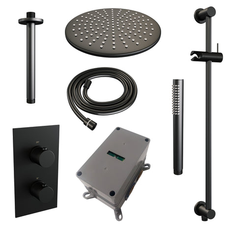 BRAUER Black Carving thermostatische inbouw regendouche 3-weg omstelling SET 42 met 30 cm douchekop en plafondarm en staaf handdouche en doucheslang en geÃ¯ntegreerde glijstang mat zwart 5-S-138