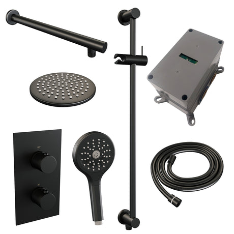 BRAUER Black Carving thermostatische inbouw regendouche 3-weg omstelling SET 43 met 20 cm douchekop en rechte muurarm en 3-standen handdouche en doucheslang en geÃ¯ntegreerde glijstang mat zwart 5-S-139