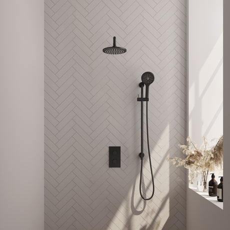 BRAUER Black Carving thermostatische inbouw regendouche 3-weg omstelling SET 45 met 20 cm douchekop en gebogen muurarm en 3-standen handdouche en doucheslang en geÃ¯ntegreerde glijstang mat zwart 5-S-141