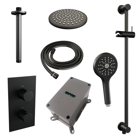 BRAUER Black Carving thermostatische inbouw regendouche 3-weg omstelling SET 47 met 20 cm douchekop en plafondarm en 3-standen handdouche en doucheslang en geÃ¯ntegreerde glijstang mat zwart 5-S-143