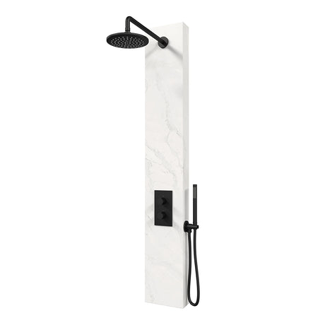 BRAUER Black Edition thermostatisch douchepaneel 2-weg omstelling calacatta gold SET 01 met 20 cm douchekop en gebogen muurarm en staaf handdouche en wandaansluitbocht en doucheslang mat zwart