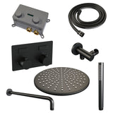 BRAUER Black Edition thermostatische inbouw regendouche met drukknoppen SET 52 met 30 cm douchekop en gebogen muurarm en staaf handdouche en doucheslang en wandaansluitbocht mat zwart
