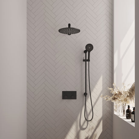 BRAUER Black Edition thermostatische inbouw regendouche met drukknoppen SET 68 met 30 cm douchekop en rechte muurarm en 3-standen handdouche en doucheslang en geÃ¯ntegreerde glijstang mat zwart 5-S-179