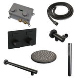 BRAUER Black Carving thermostatische inbouw regendouche met drukknoppen SET 49 met 20 cm douchekop en rechte muurarm en staaf handdouche en doucheslang en wandaansluitbocht mat zwart 5-S-184