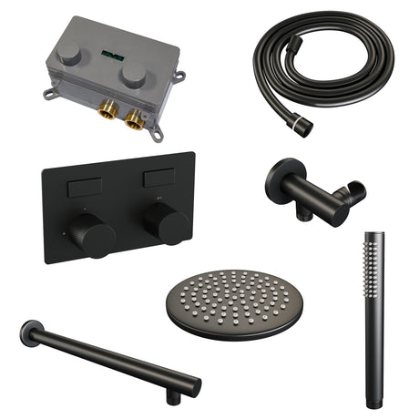 BRAUER Black Carving thermostatische inbouw regendouche met drukknoppen SET 49 met 20 cm douchekop en rechte muurarm en staaf handdouche en doucheslang en wandaansluitbocht mat zwart 5-S-184
