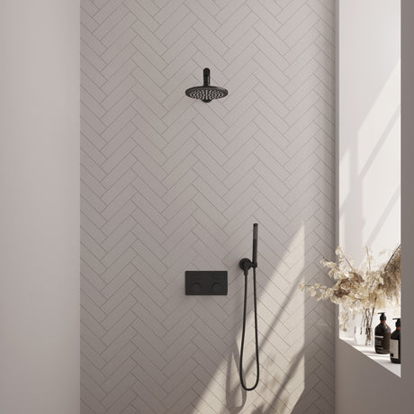 BRAUER Black Carving thermostatische inbouw regendouche met drukknoppen SET 49 met 20 cm douchekop en rechte muurarm en staaf handdouche en doucheslang en wandaansluitbocht mat zwart 5-S-184