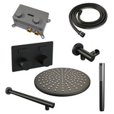 BRAUER Black Carving thermostatische inbouw regendouche met drukknoppen SET 50 met 30 cm douchekop en rechte muurarm en staaf handdouche en doucheslang en wandaansluitbocht mat zwart 5-S-185