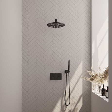 BRAUER Black Carving thermostatische inbouw regendouche met drukknoppen SET 50 met 30 cm douchekop en rechte muurarm en staaf handdouche en doucheslang en wandaansluitbocht mat zwart 5-S-185