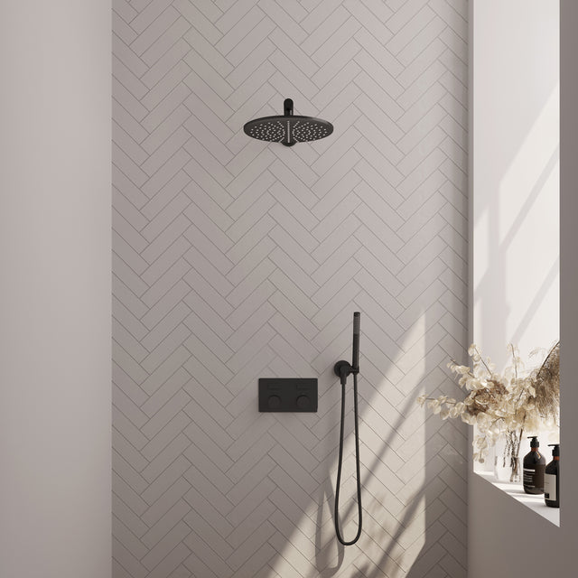 BRAUER Black Carving thermostatische inbouw regendouche met drukknoppen SET 50 met 30 cm douchekop en rechte muurarm en staaf handdouche en doucheslang en wandaansluitbocht mat zwart 5-S-185