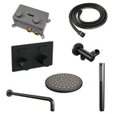 BRAUER Black Carving thermostatische inbouw regendouche met drukknoppen SET 51 met 20 cm douchekop en gebogen muurarm en staaf handdouche en doucheslang en wandaansluitbocht mat zwart 5-S-186