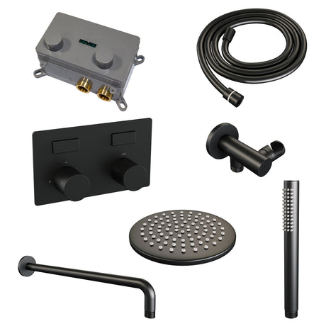 BRAUER Black Carving thermostatische inbouw regendouche met drukknoppen SET 51 met 20 cm douchekop en gebogen muurarm en staaf handdouche en doucheslang en wandaansluitbocht mat zwart 5-S-186