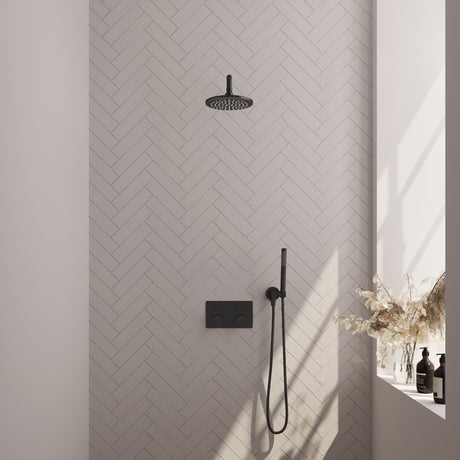 BRAUER Black Carving thermostatische inbouw regendouche met drukknoppen SET 51 met 20 cm douchekop en gebogen muurarm en staaf handdouche en doucheslang en wandaansluitbocht mat zwart 5-S-186
