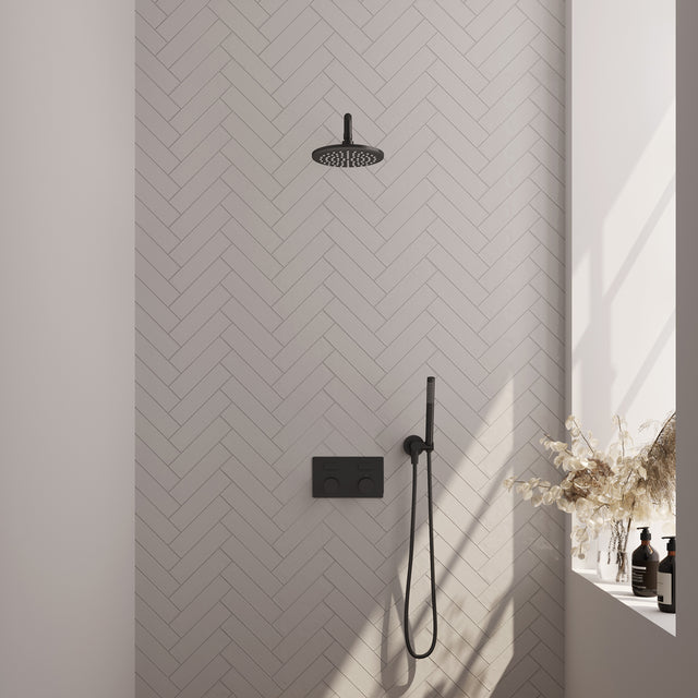 BRAUER Black Carving thermostatische inbouw regendouche met drukknoppen SET 51 met 20 cm douchekop en gebogen muurarm en staaf handdouche en doucheslang en wandaansluitbocht mat zwart 5-S-186