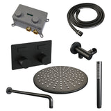 BRAUER Black Carving thermostatische inbouw regendouche met drukknoppen SET 52 met 30 cm douchekop en gebogen muurarm en staaf handdouche en doucheslang en wandaansluitbocht mat zwart 5-S-187