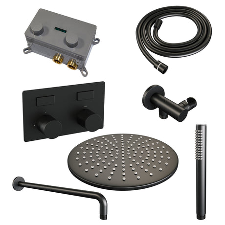 BRAUER Black Carving thermostatische inbouw regendouche met drukknoppen SET 52 met 30 cm douchekop en gebogen muurarm en staaf handdouche en doucheslang en wandaansluitbocht mat zwart 5-S-187