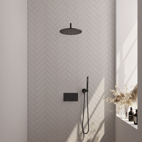 BRAUER Black Carving thermostatische inbouw regendouche met drukknoppen SET 52 met 30 cm douchekop en gebogen muurarm en staaf handdouche en doucheslang en wandaansluitbocht mat zwart 5-S-187