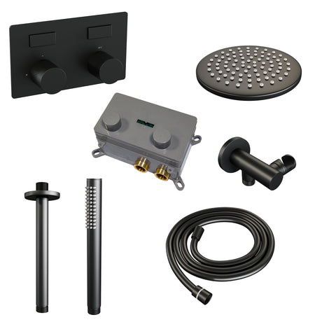 BRAUER Black Carving thermostatische inbouw regendouche met drukknoppen SET 53 met 20 cm douchekop en plafondarm en staaf handdouche en doucheslang en wandaansluitbocht mat zwart 5-S-188