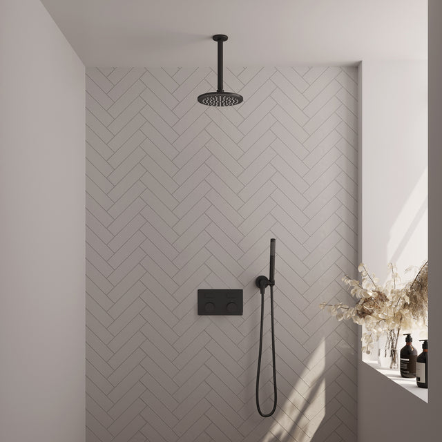 BRAUER Black Carving thermostatische inbouw regendouche met drukknoppen SET 53 met 20 cm douchekop en plafondarm en staaf handdouche en doucheslang en wandaansluitbocht mat zwart 5-S-188