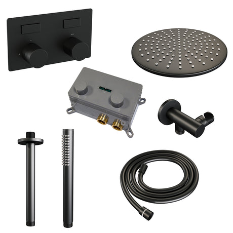BRAUER Black Carving thermostatische inbouw regendouche met drukknoppen SET 54 met 30 cm douchekop en plafondarm en staaf handdouche en doucheslang en wandaansluitbocht mat zwart 5-S-189